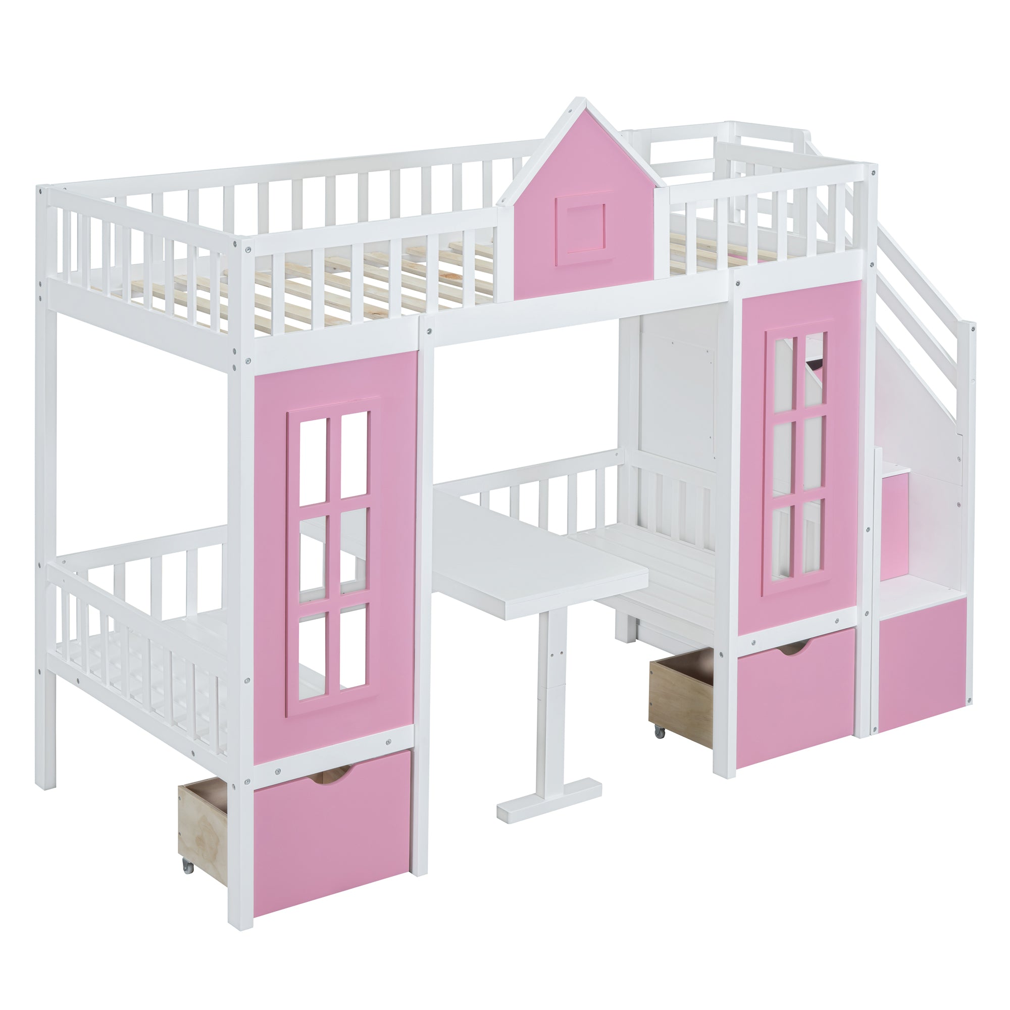 Twin-Over-Twin Bunk Bed with Changeable Table - Pink