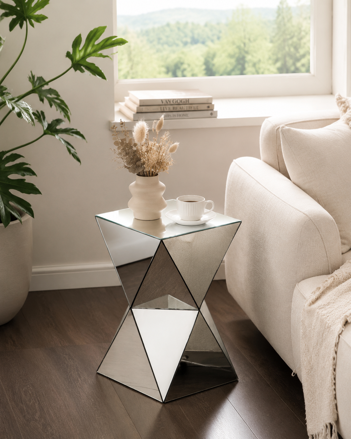 Silver Mirrored Geometric Side Table