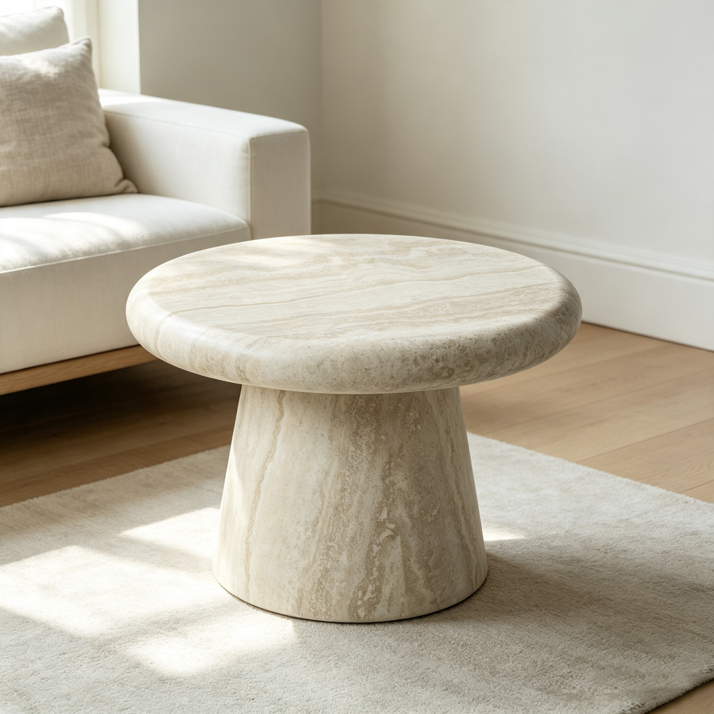 Round Fiberglass Travertine Print Coffee Table, 21.65-Inch, Low Profile