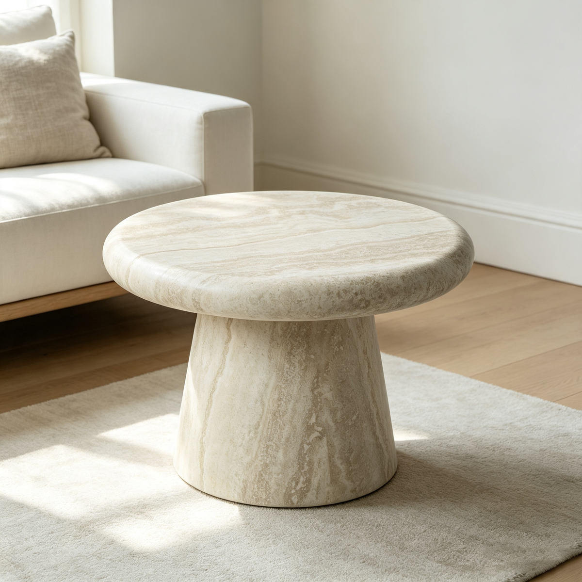 Round Fiberglass Travertine Print Coffee Table, 21.65-Inch, Low Profile