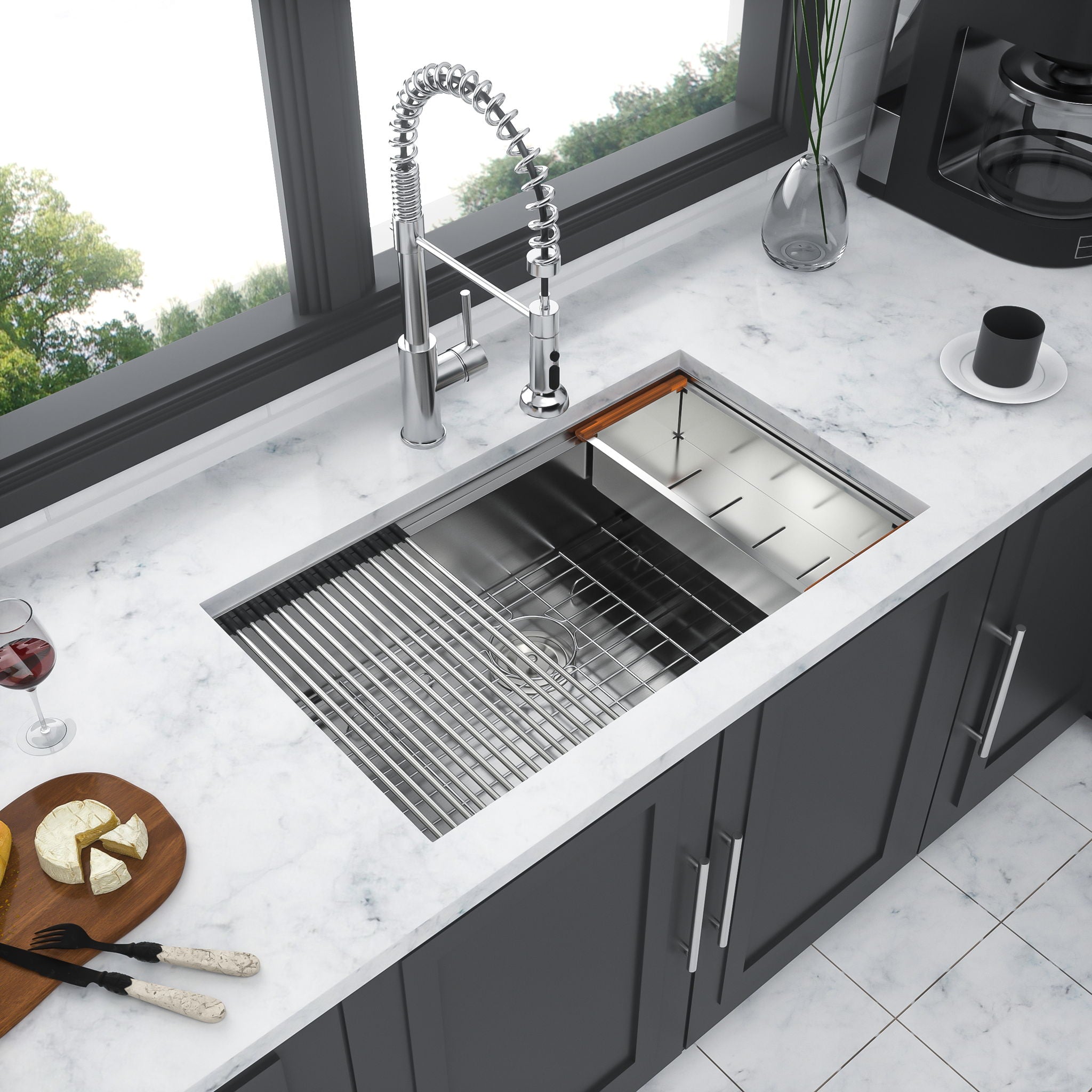 Premium Single Bowl Undermount Workstation Kitchen Sink With Accessories, Finish, 16 Gauge Stainless Steel - Black