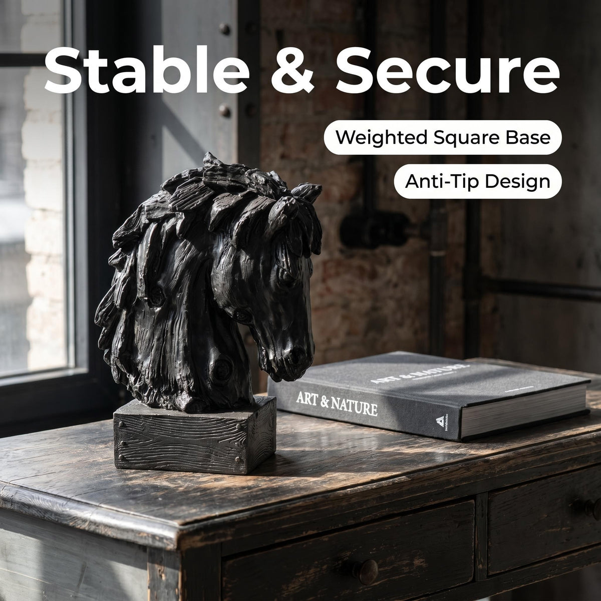 Black Rustic Horse Head Sculpture with Base, 19''  Vintage Wood Texture Resin Horse Bust Statue Decor, Farmhouse Western Tabletop Horse Figurine Ornament for Home Office Desk Shelf Decor