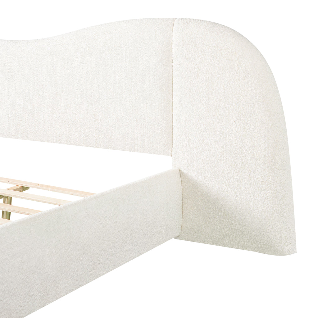 King Size Upholstered Bed Frame With Boucle Fabric Curved Headboard