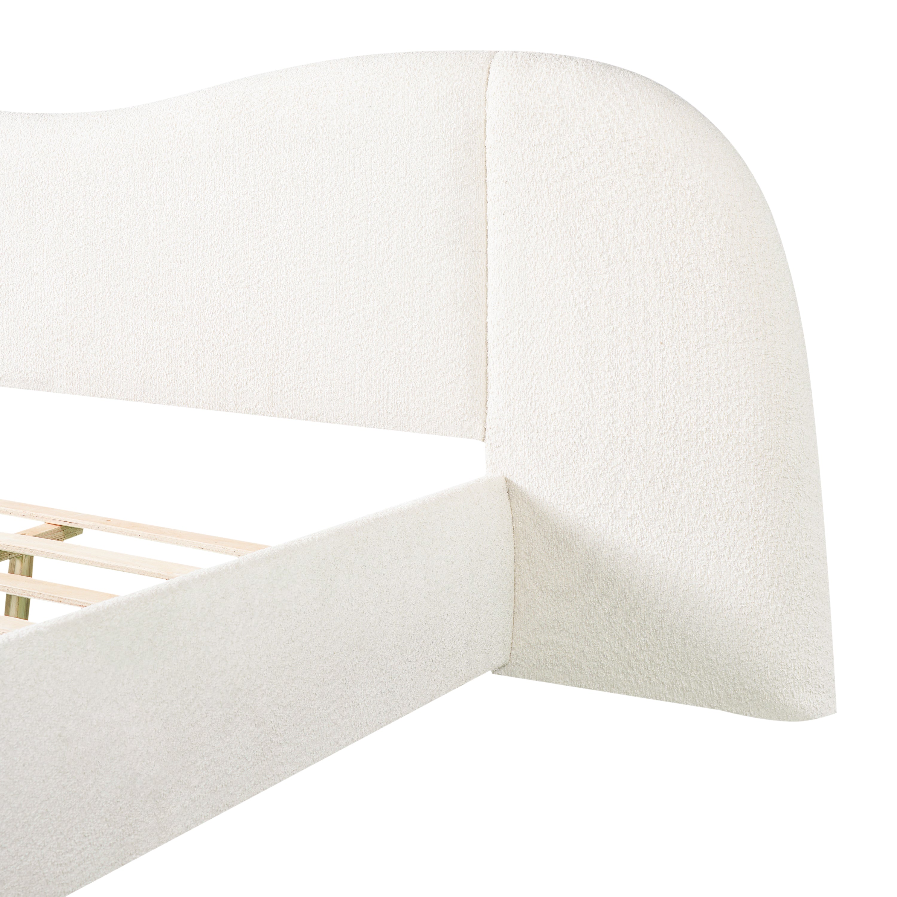King Size Upholstered Bed Frame With Boucle Fabric Curved Headboard