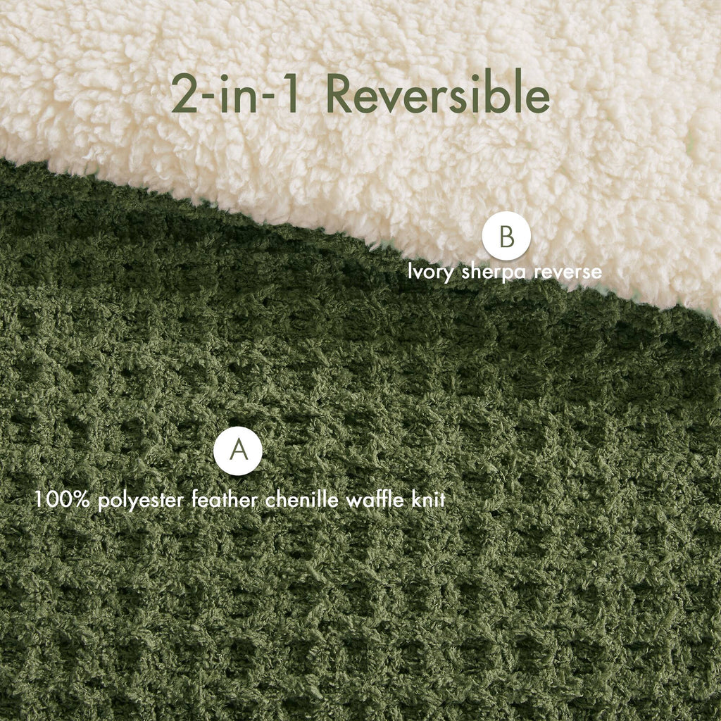 3 Pieces King/Cal King Waffle Knit Chenille Comforter Set, Olive
