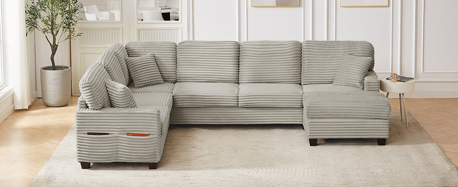 U-Shaped Sectional Sofa with Movable Ottoman and Side Storage Pockets