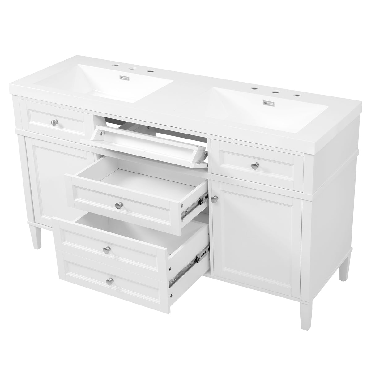 [Video] 59.1" Modern Bathroom Vanity with Resin Sink, Cabinet with 3 Drawers and 2 Doors, Adjustable Shelf, Door-Mounted Storage Rack, Soft-Close Mechanism, Freestanding