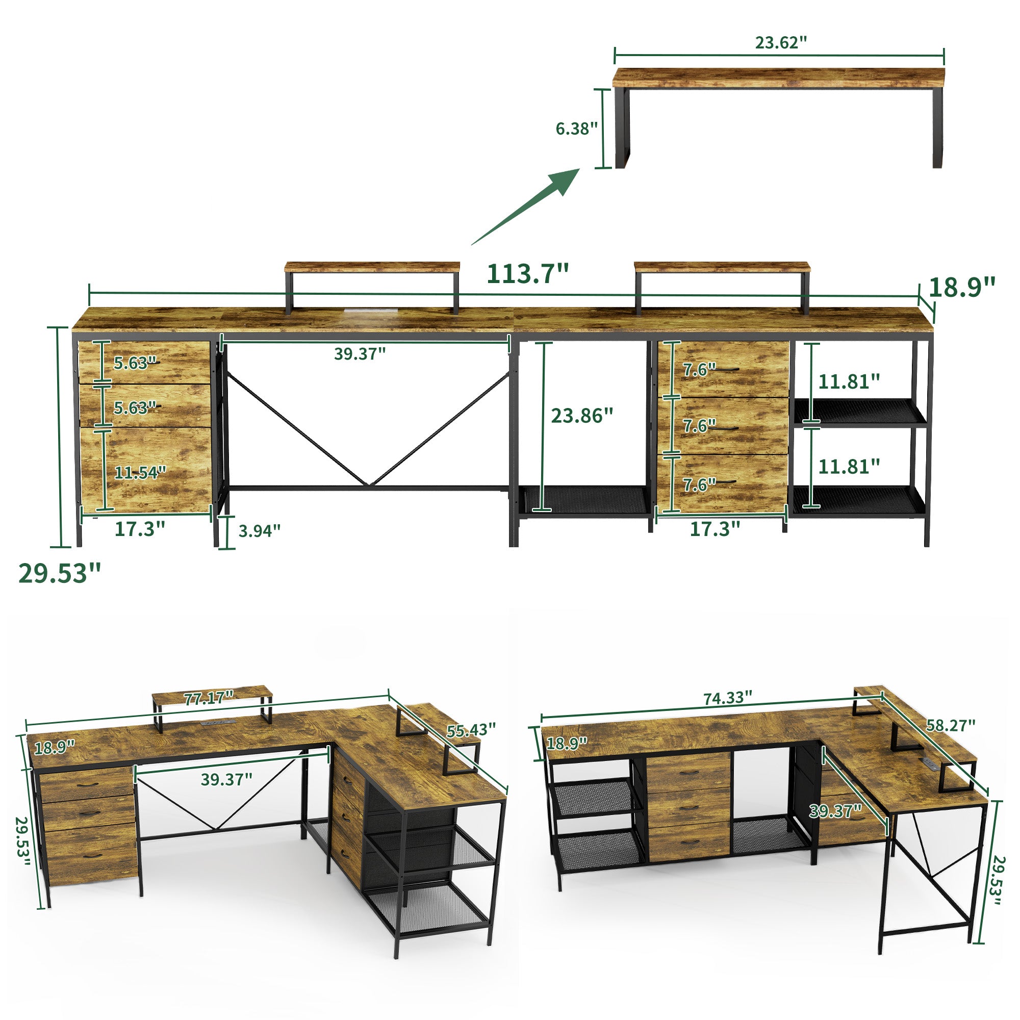 114 Inch L-Shaped Desk with Power Outlets & USB-C
