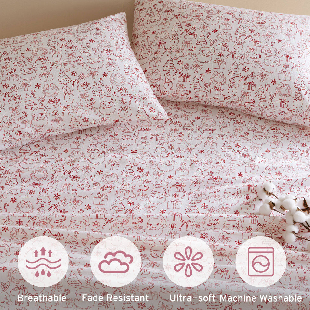 3-Piece Twin XL 100% Cotton Pigment Printed Sheet Set - Holiday Doodles