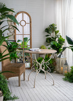 D31.5x31.5" Round Wooden Table with Metal Scrollwork Legs