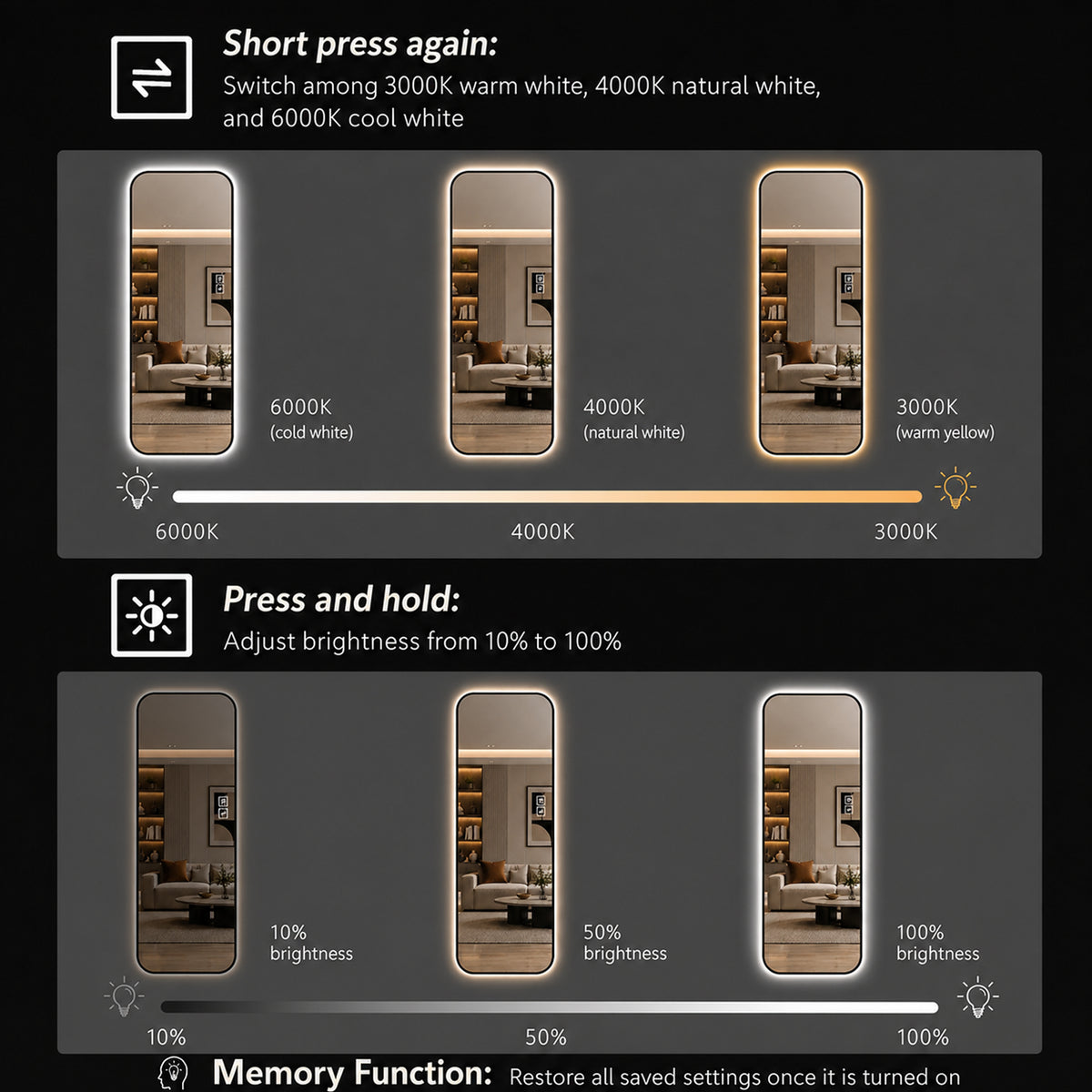 65" x 24" Oversized Backlit Rectangular LED Full Length Mirror