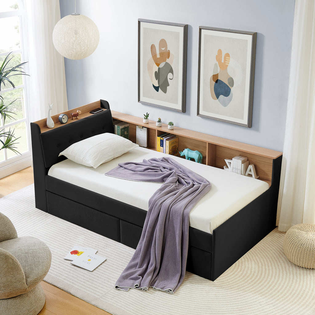 Twin Size Upholstery Velvet Day Bed with Storage Headboard