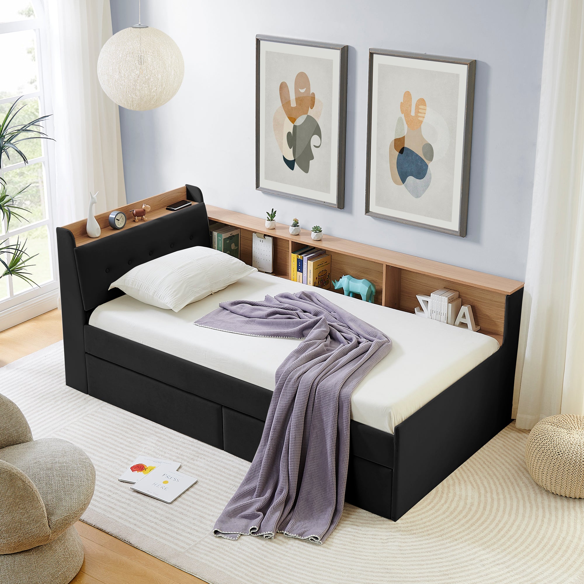 Twin Size Upholstery Velvet Day Bed with Storage Headboard