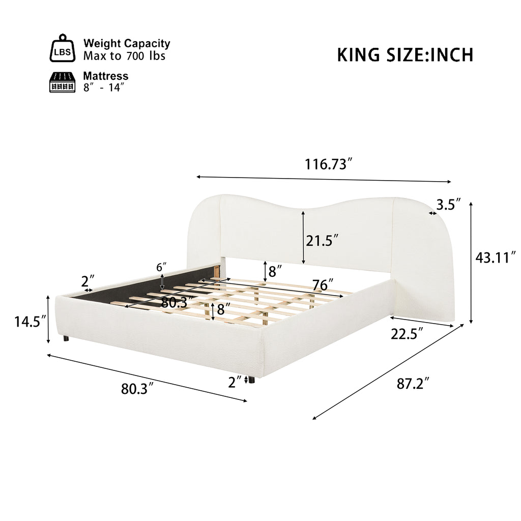 King Size Upholstered Bed Frame With Boucle Fabric Curved Headboard