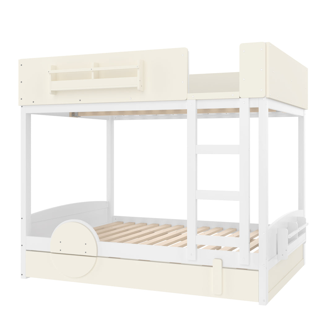Full Bunk Bed with Trundle, White & Beige