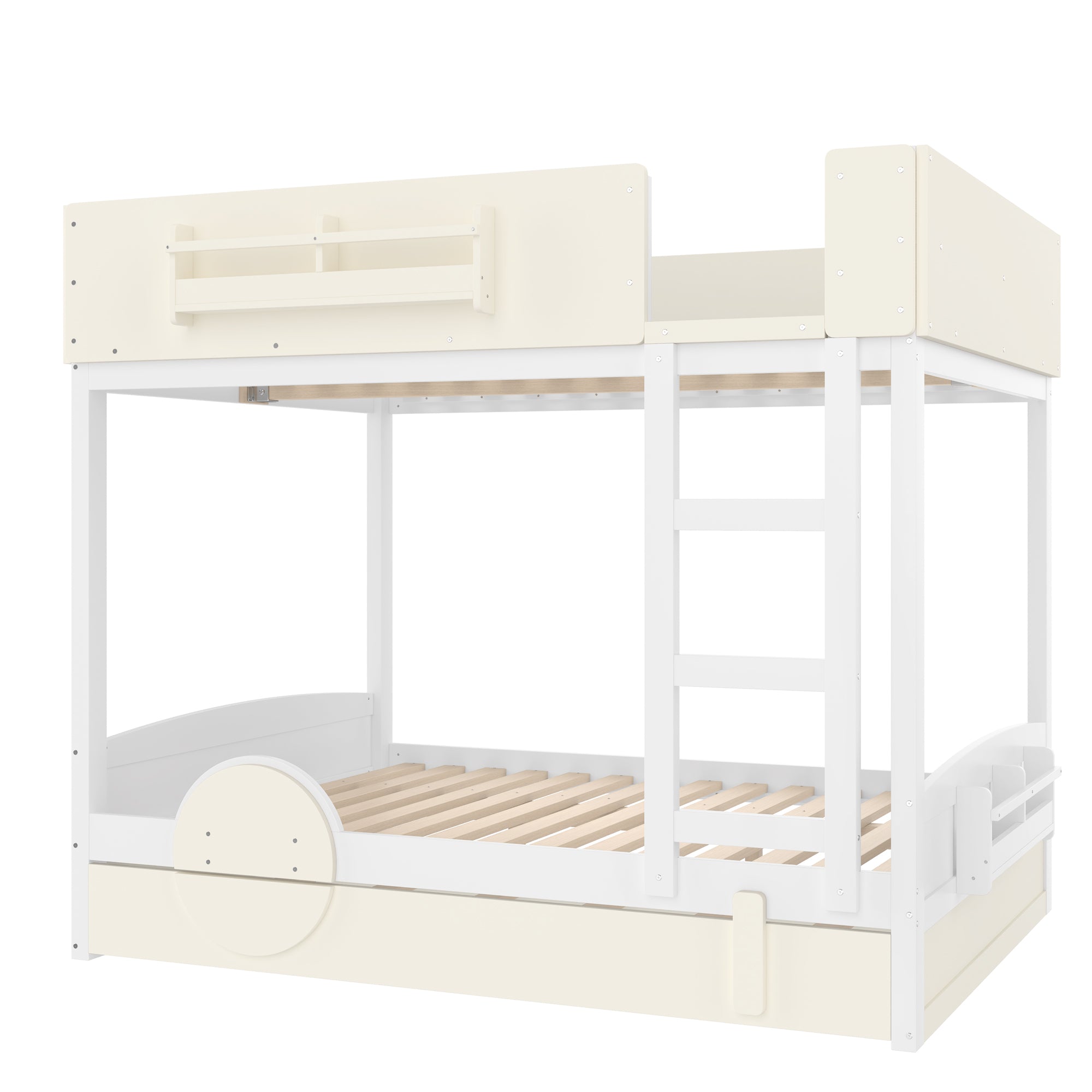 Full Bunk Bed with Trundle, White & Beige