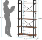 63" Tall 5-Tier Rustic Brown Industrial Bookshelf