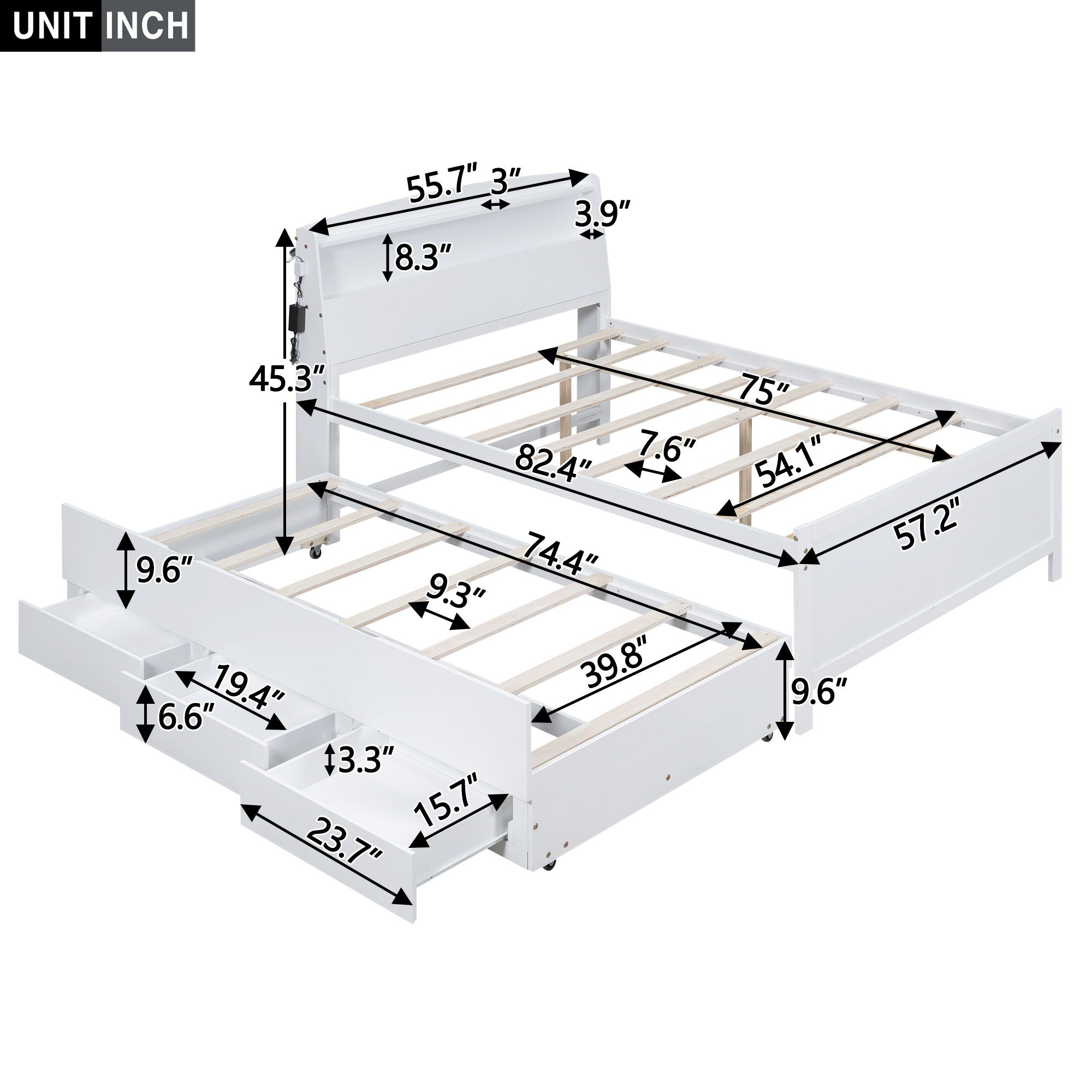 Full Size Platform Bed With Storage LED Headboard, Twin Trundle And 3 Drawers - White