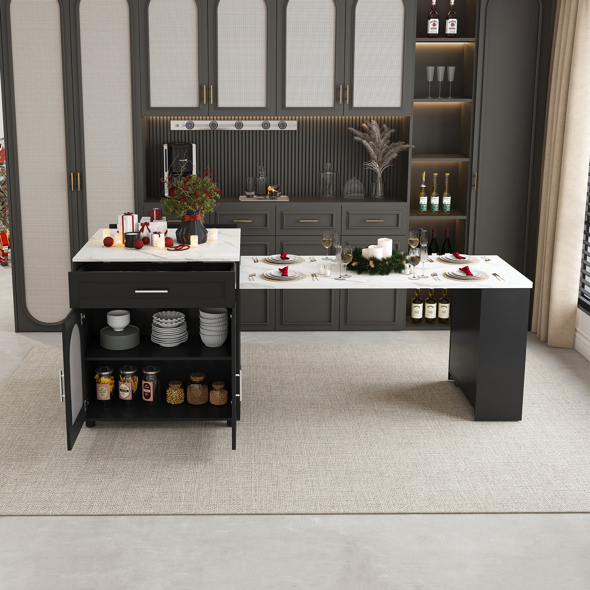 80-Inch Expandable Kitchen Island with Dining Table