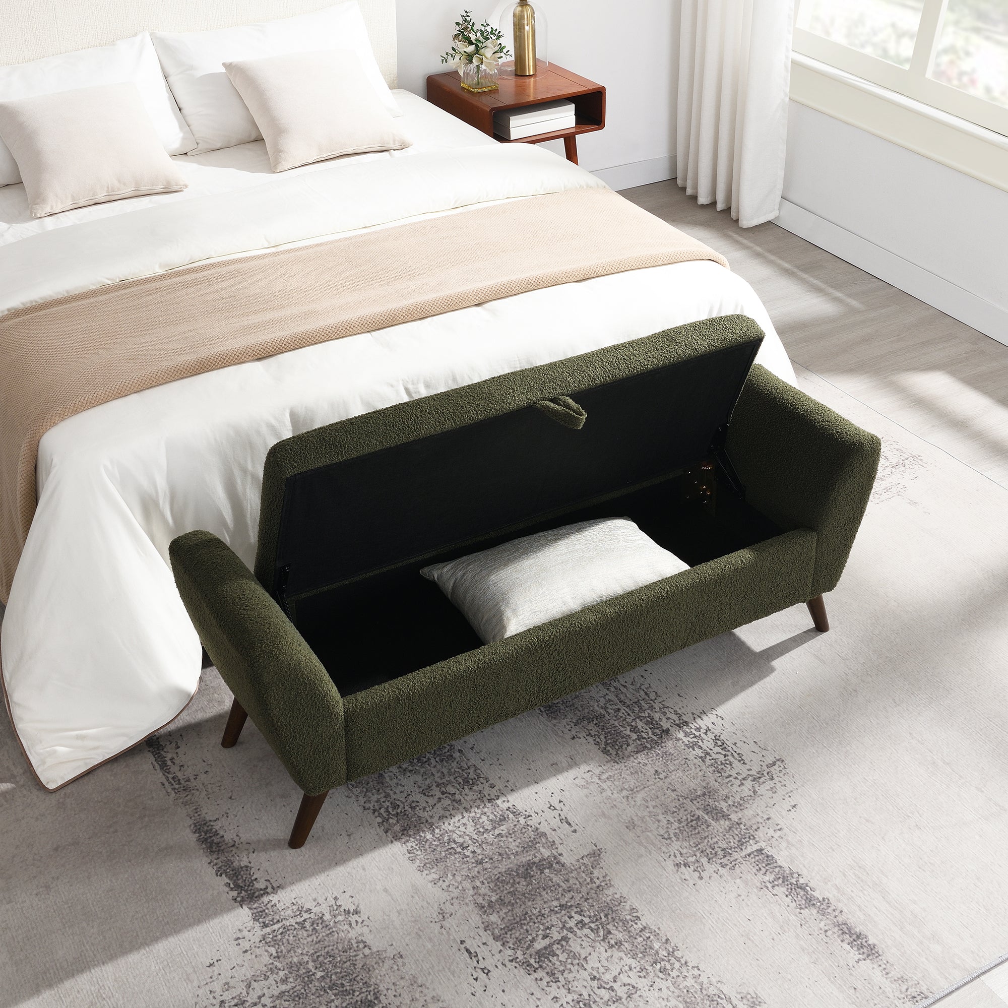 60" Modern Storage Bench with Mid-Century Wood Legs