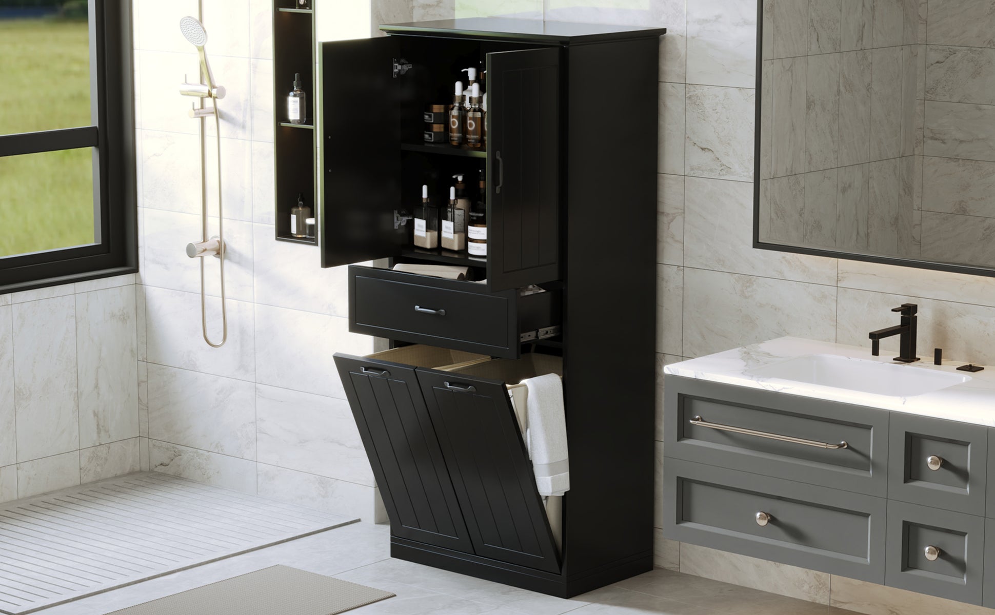 Bathroom Storage Cabinet with Two Laundry Baskets