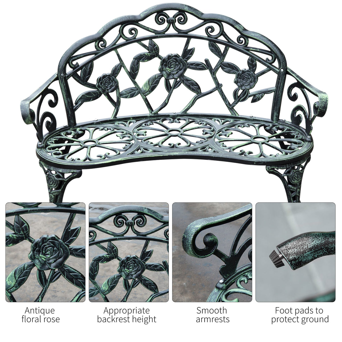 Outsunny Cast Aluminum Outdoor Bench, Green Antique Finish