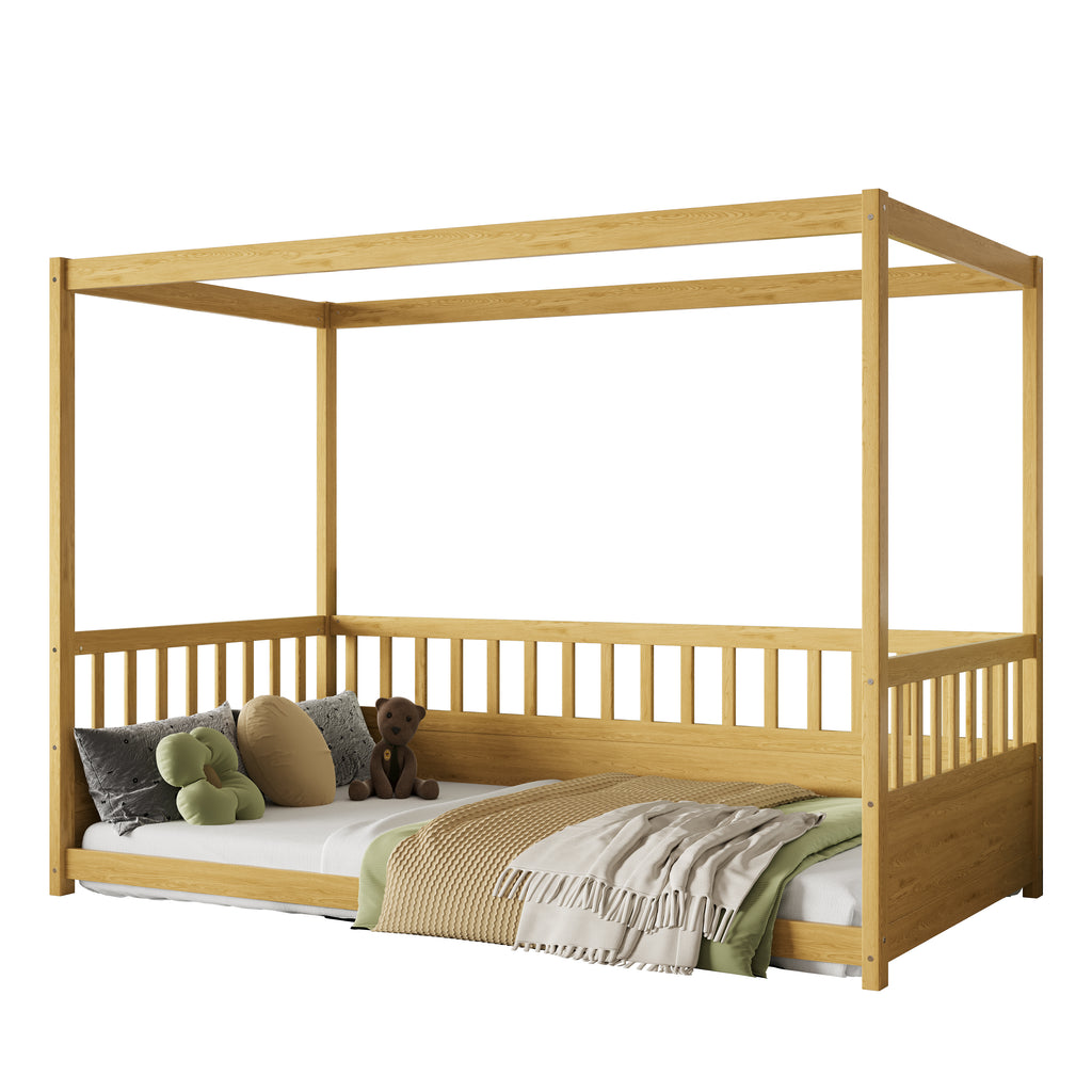 Twin Size Canopy Bed Frame with Guardrails for Kids
