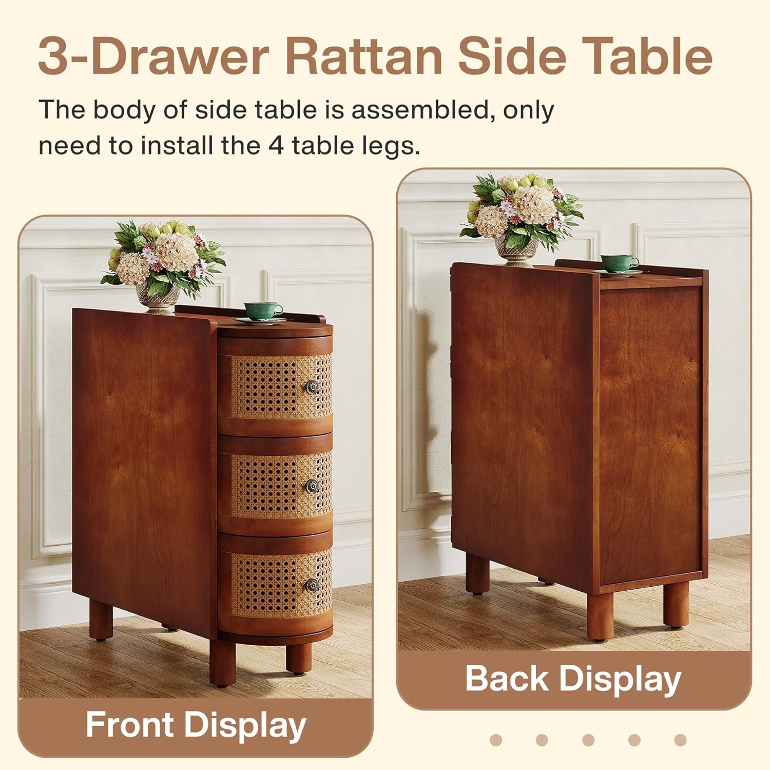 10.62" Narrow Rattan 3-Drawer End Table