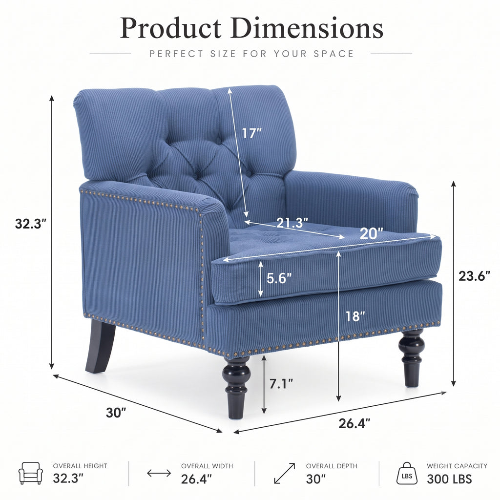 Modern Accent Chair, 30-Inch, Corduroy, Blue