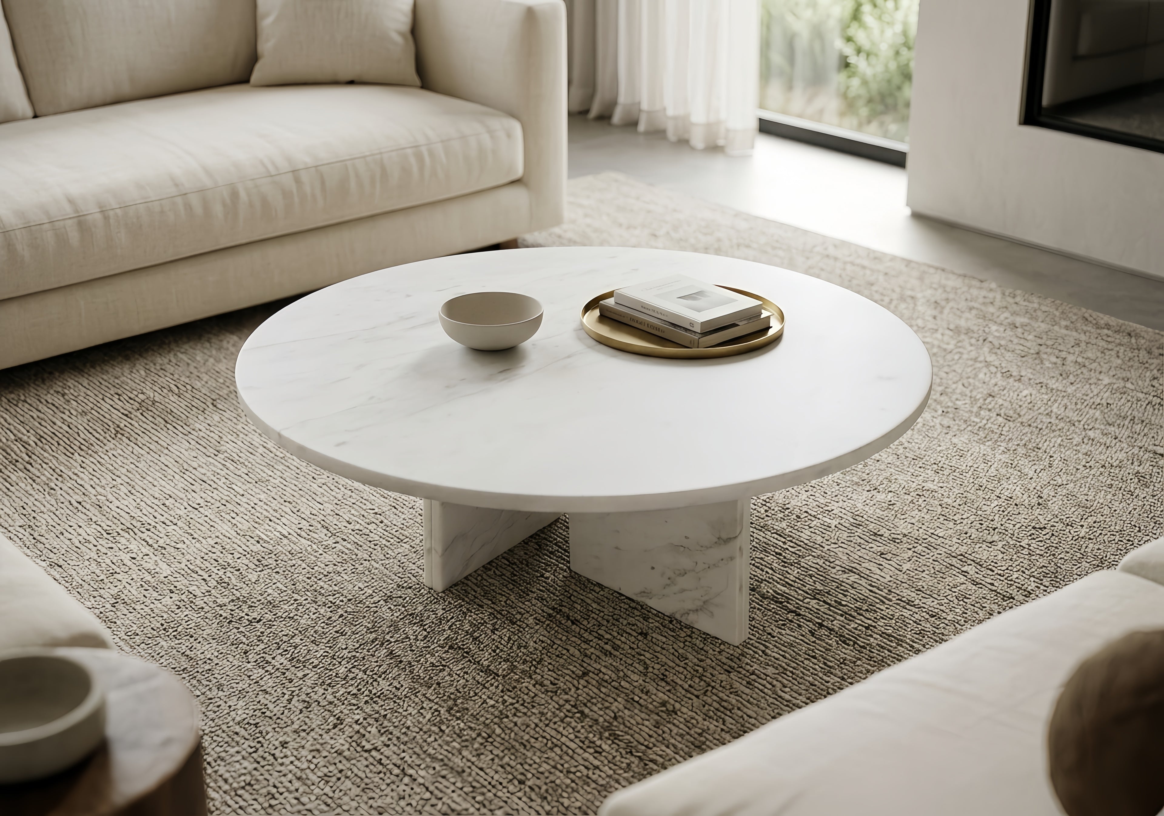 White Semi-Polished Marble Round Coffee Table