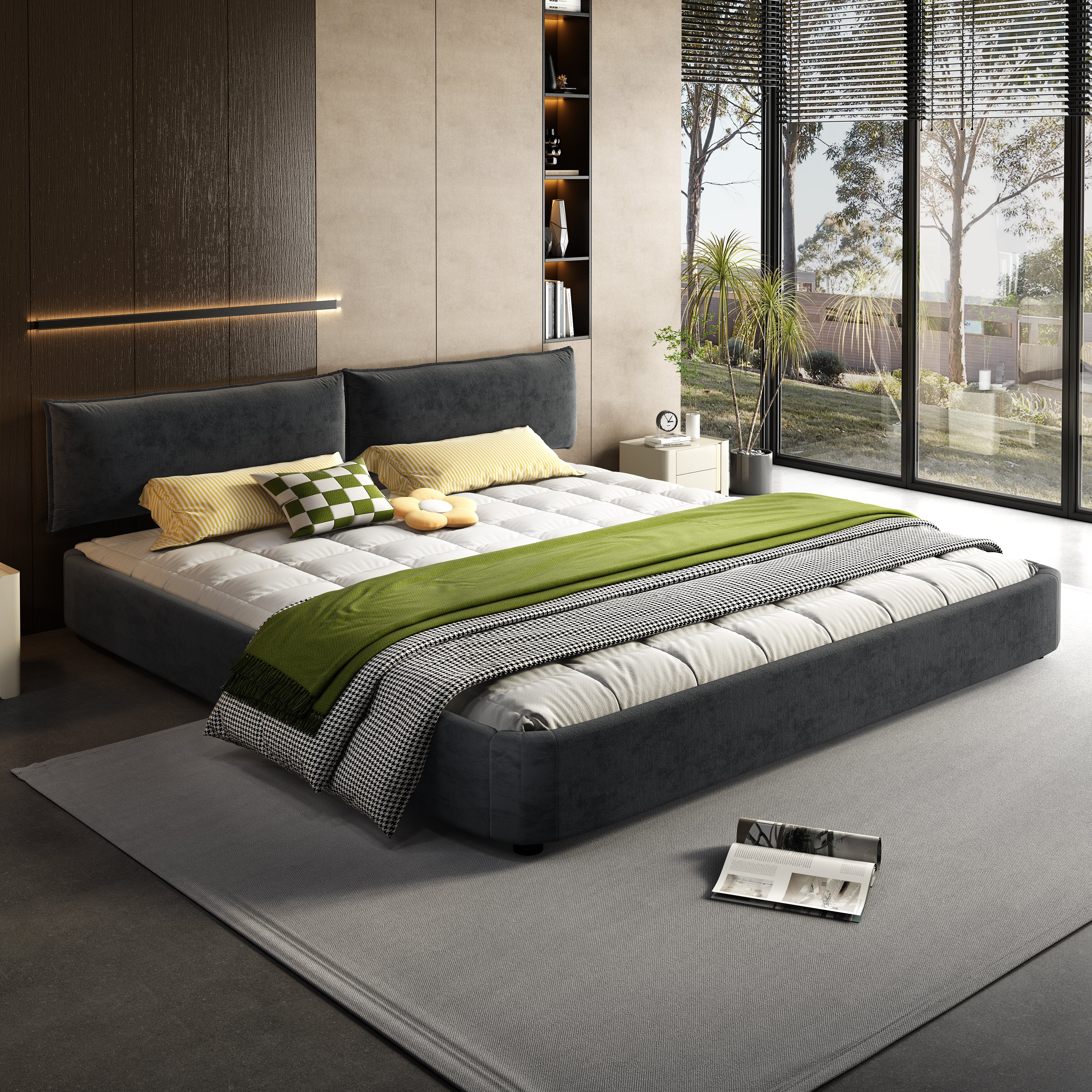 King Size Cloud Bed Frame with Oversized Padded Movable Headboard