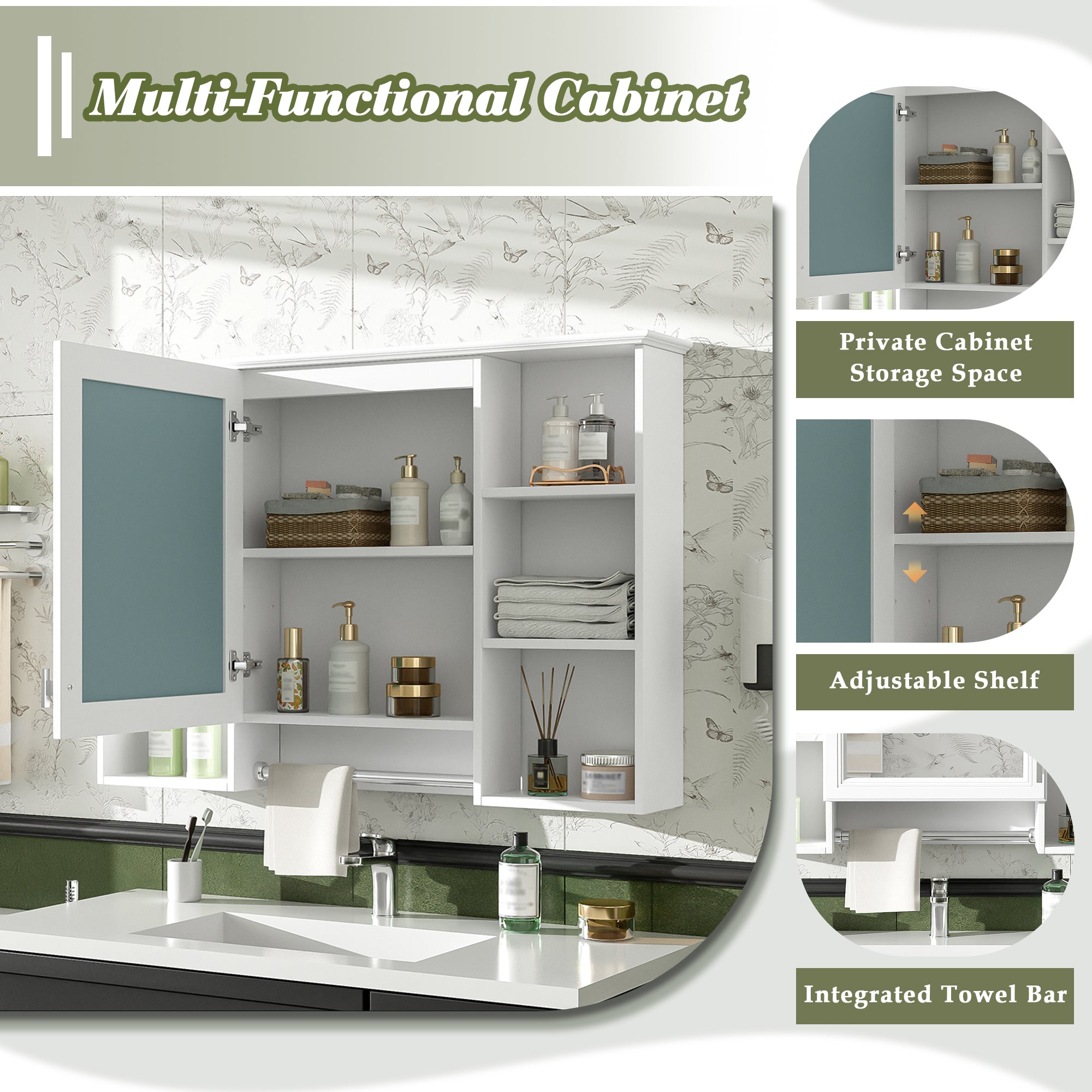 3-in-1 Bathroom Mirror Cabinet - 41-inch Wall Mounted
