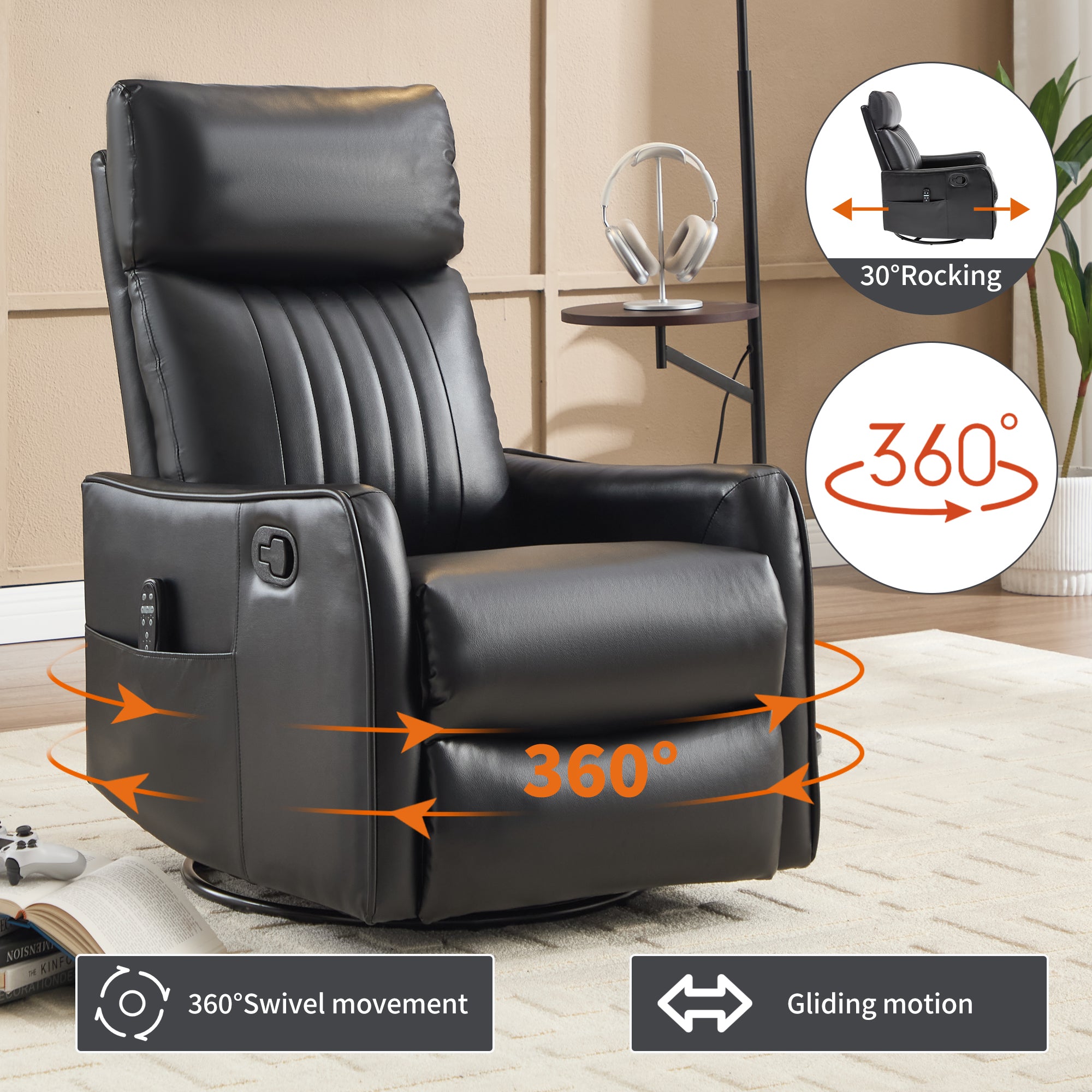 Black Faux Leather Heat Massage Manual Recliner Chair