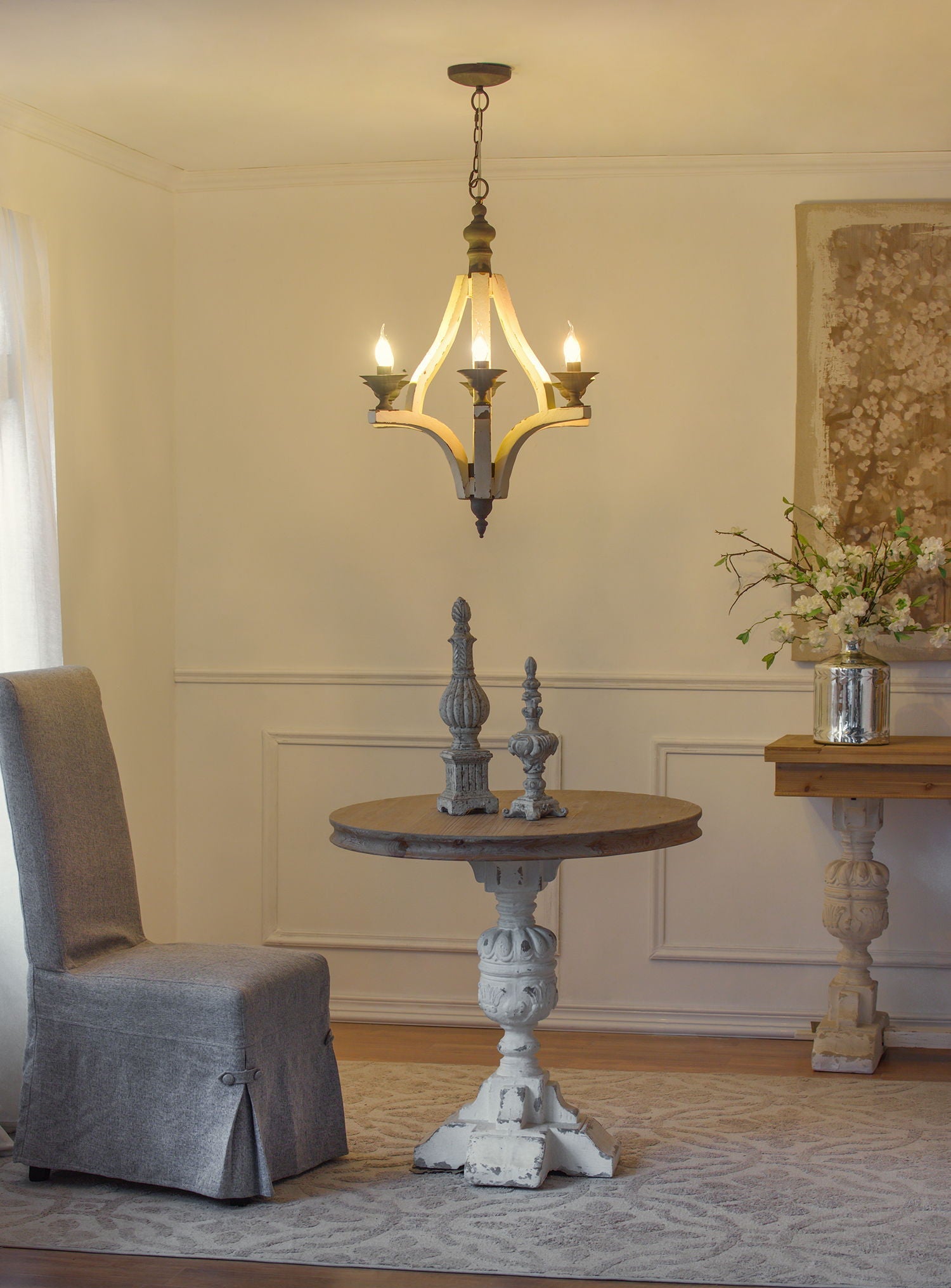 6 Light Wood Chandelier with Adjustable Chain - Cream