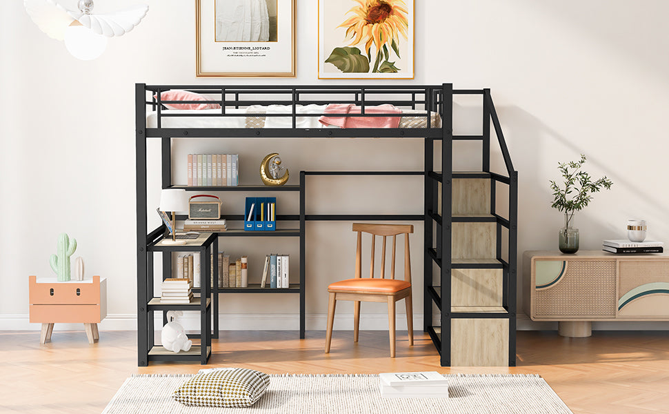 Full Size Metal Loft Bed with Staircase, Built-in Desk and Shelves