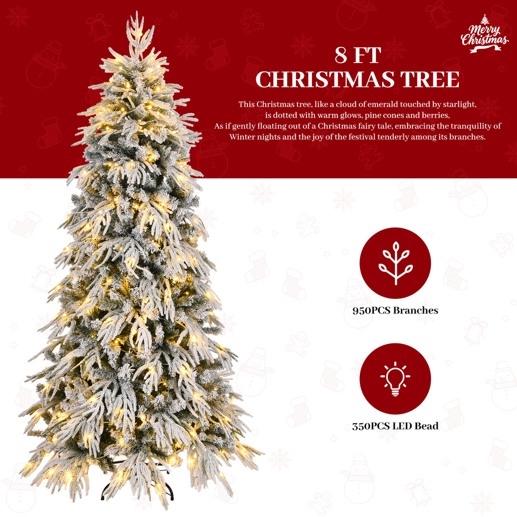 8ft Slim Flocked Christmas Tree, Pre-lit 350 Warm Lights, White