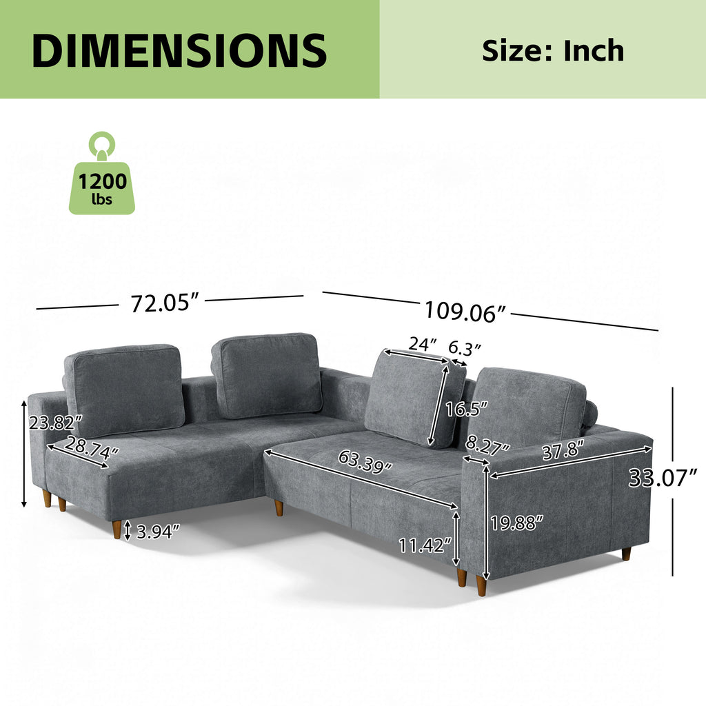 2-Piece 109" L-Shape Convertible Sectional Sofa with Wood Leg