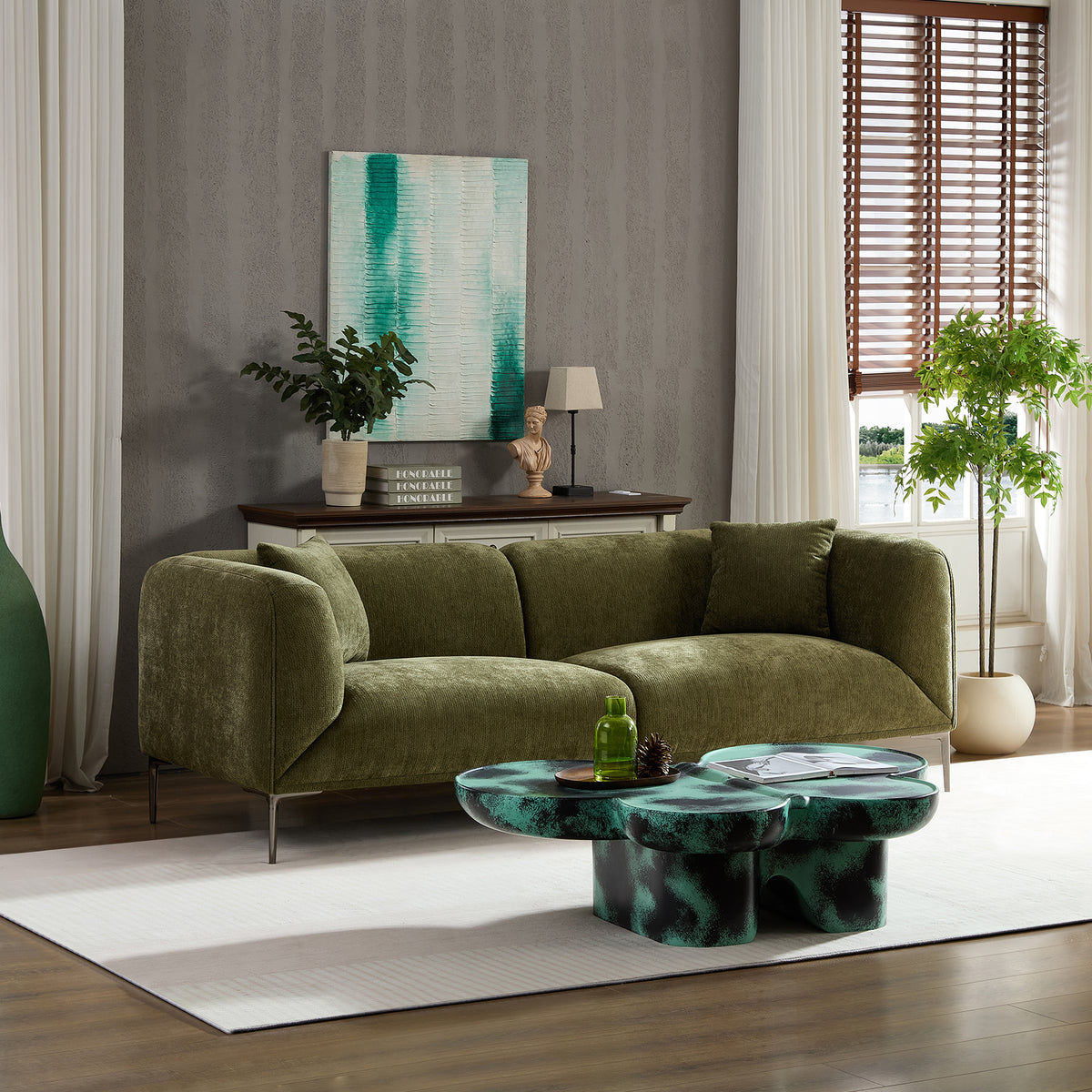 Modern Three-Seat Sofa, 82-Inch, Green Fabric