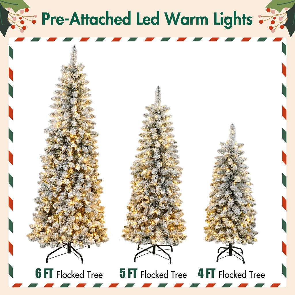 3-Piece Flocked Christmas Tree Set with Warm LED Lights, 4ft 5ft 6ft, Green
