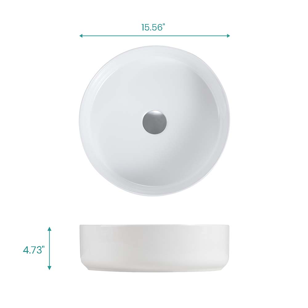 Glossy White Ceramic Vessel Sink, 15.56-Inch Round