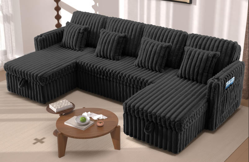 U Shaped Plush Corduroy Sectional Sleeper Sofa