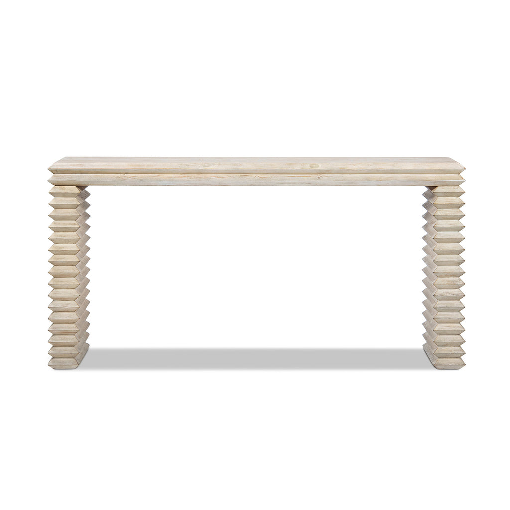 Veda 63" Reclaimed Wood Stacked Geometric Waterfall Console Table, Whitewashed
