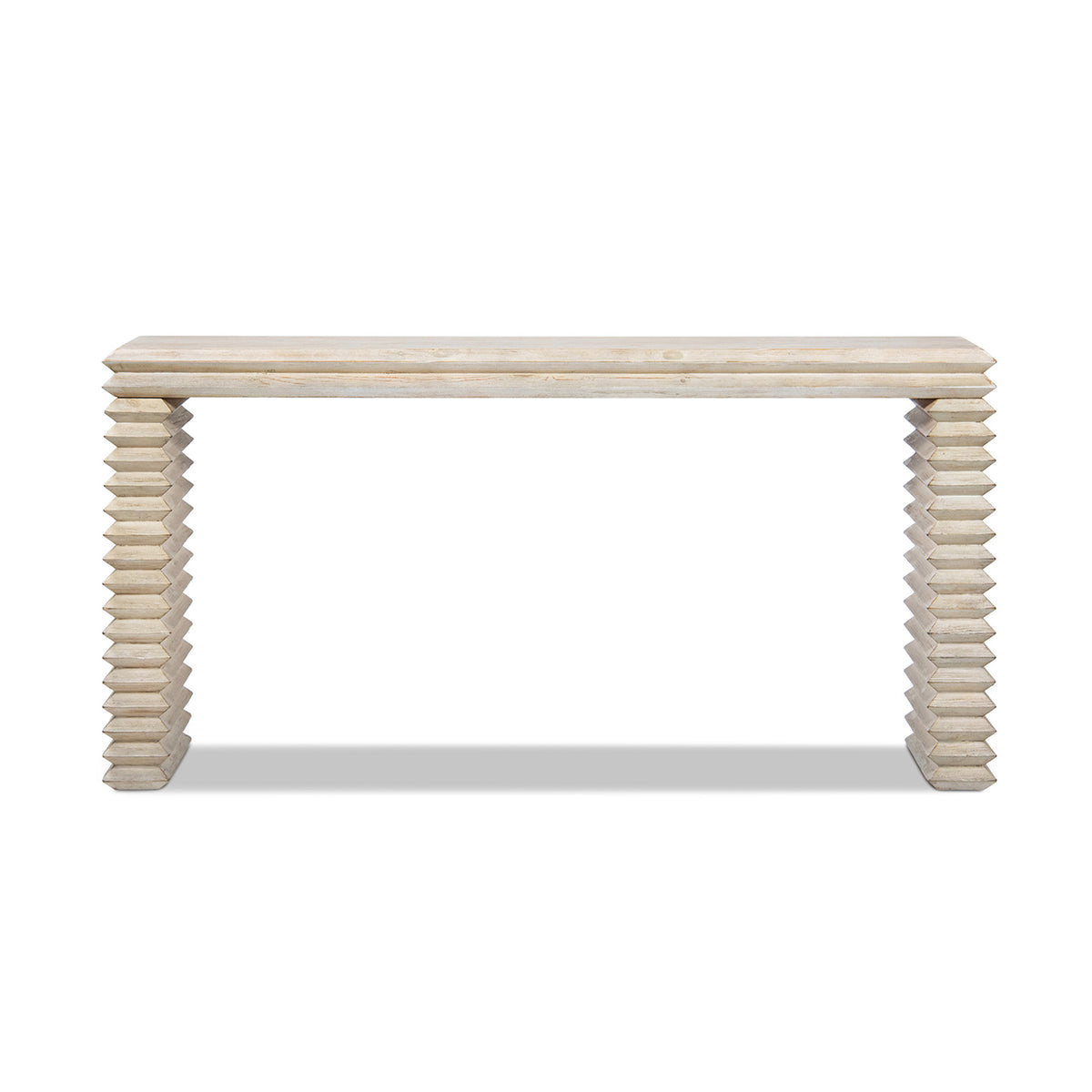 Veda 63" Reclaimed Wood Stacked Geometric Waterfall Console Table, Whitewashed