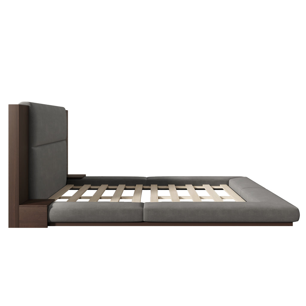 Floor Upholstered Platform Bed with Extended Wood Headboard