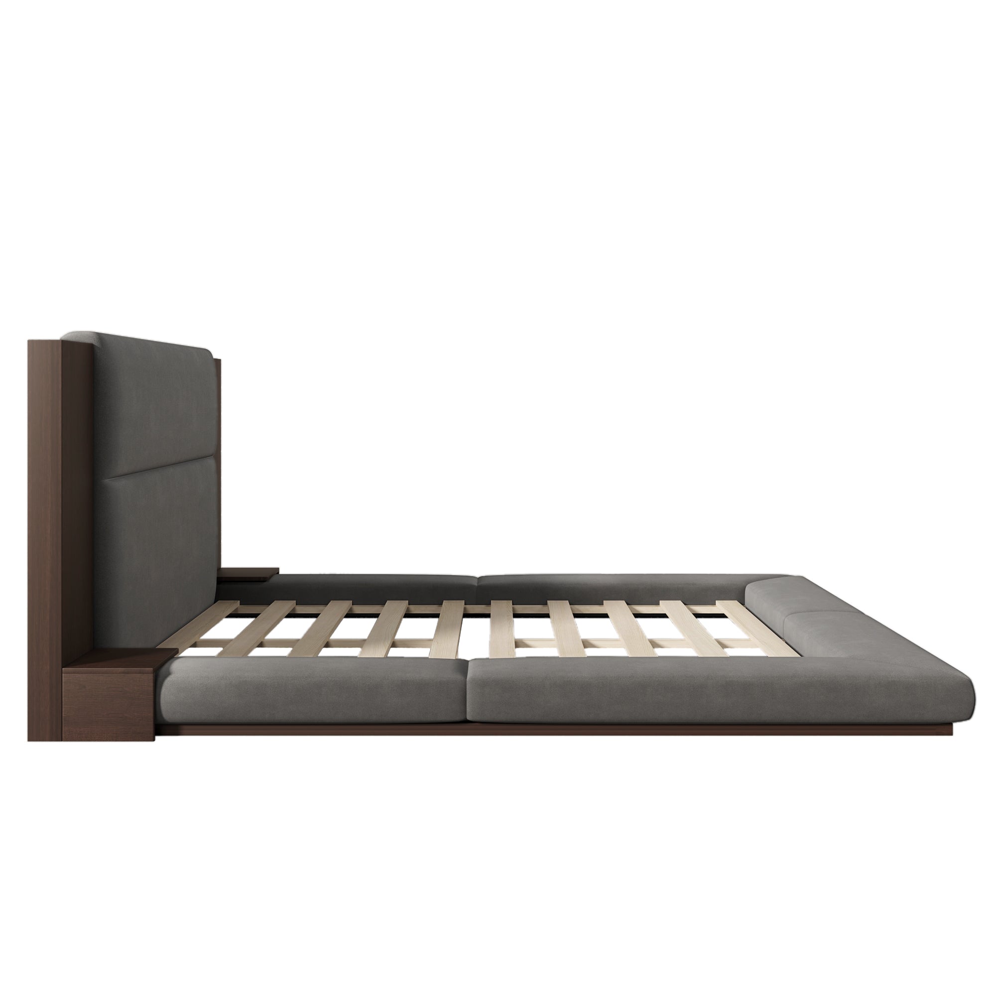 Floor Upholstered Platform Bed with Extended Wood Headboard