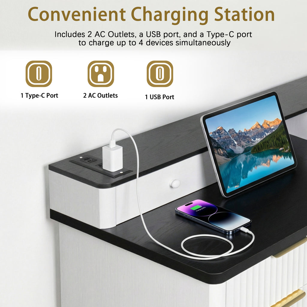 Modern Fluted L-Shaped Desk with Charging Station