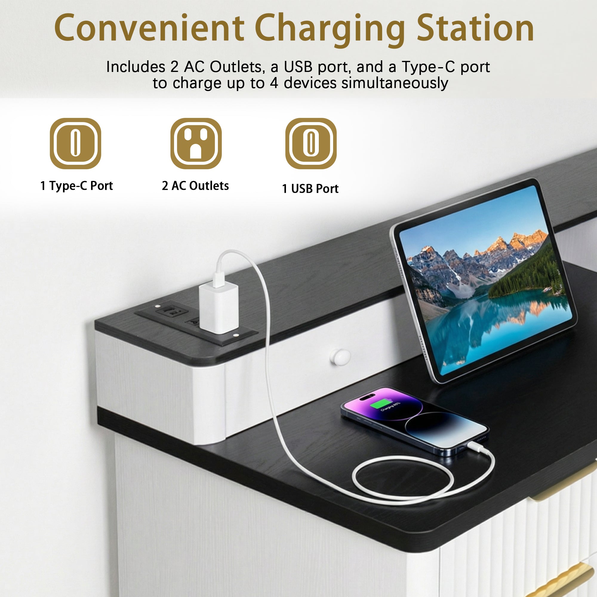 Modern Fluted L-Shaped Desk with Charging Station