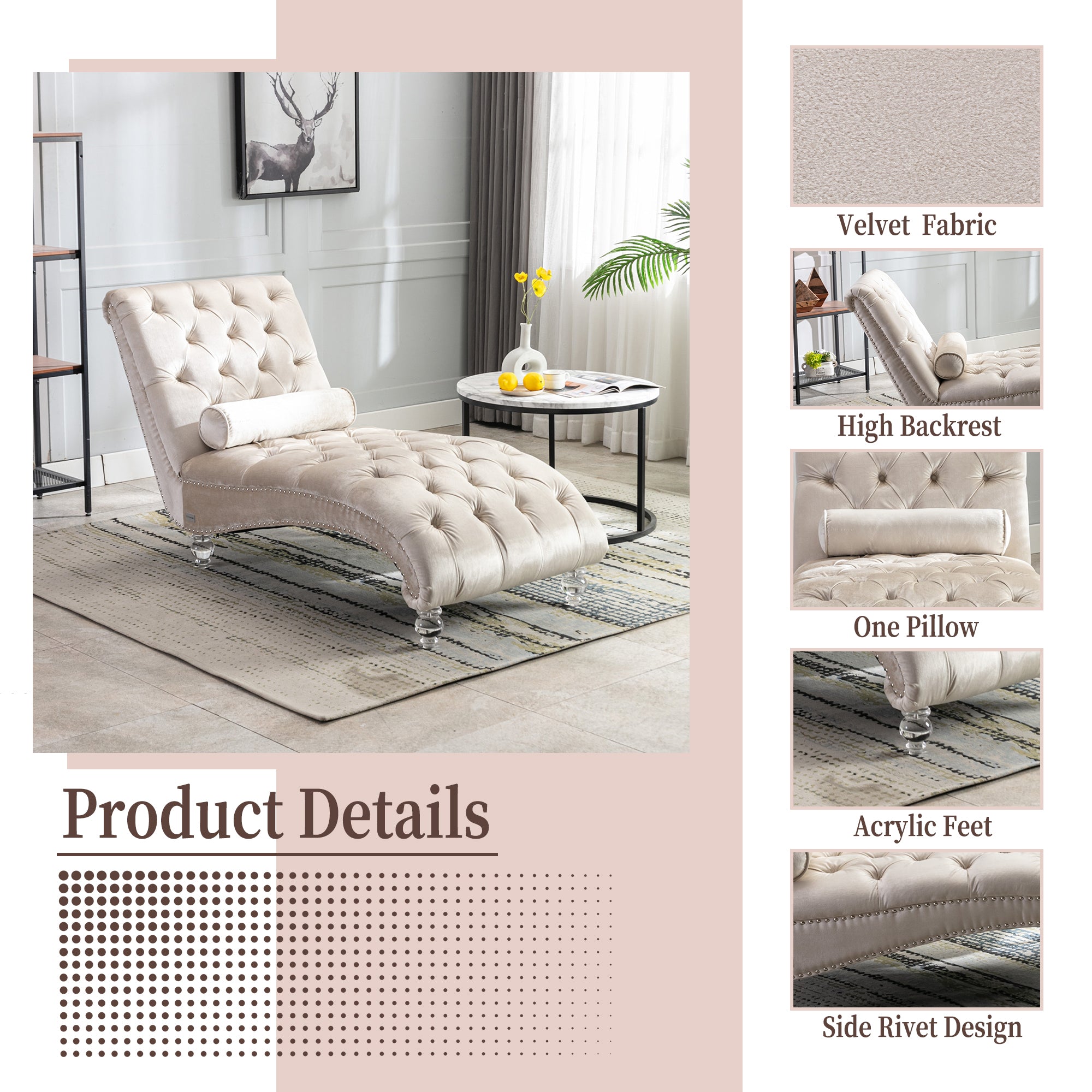 Velvet Chaise Lounge Indoor, Button-Tufted Upholstered Chaise Lounge Chair