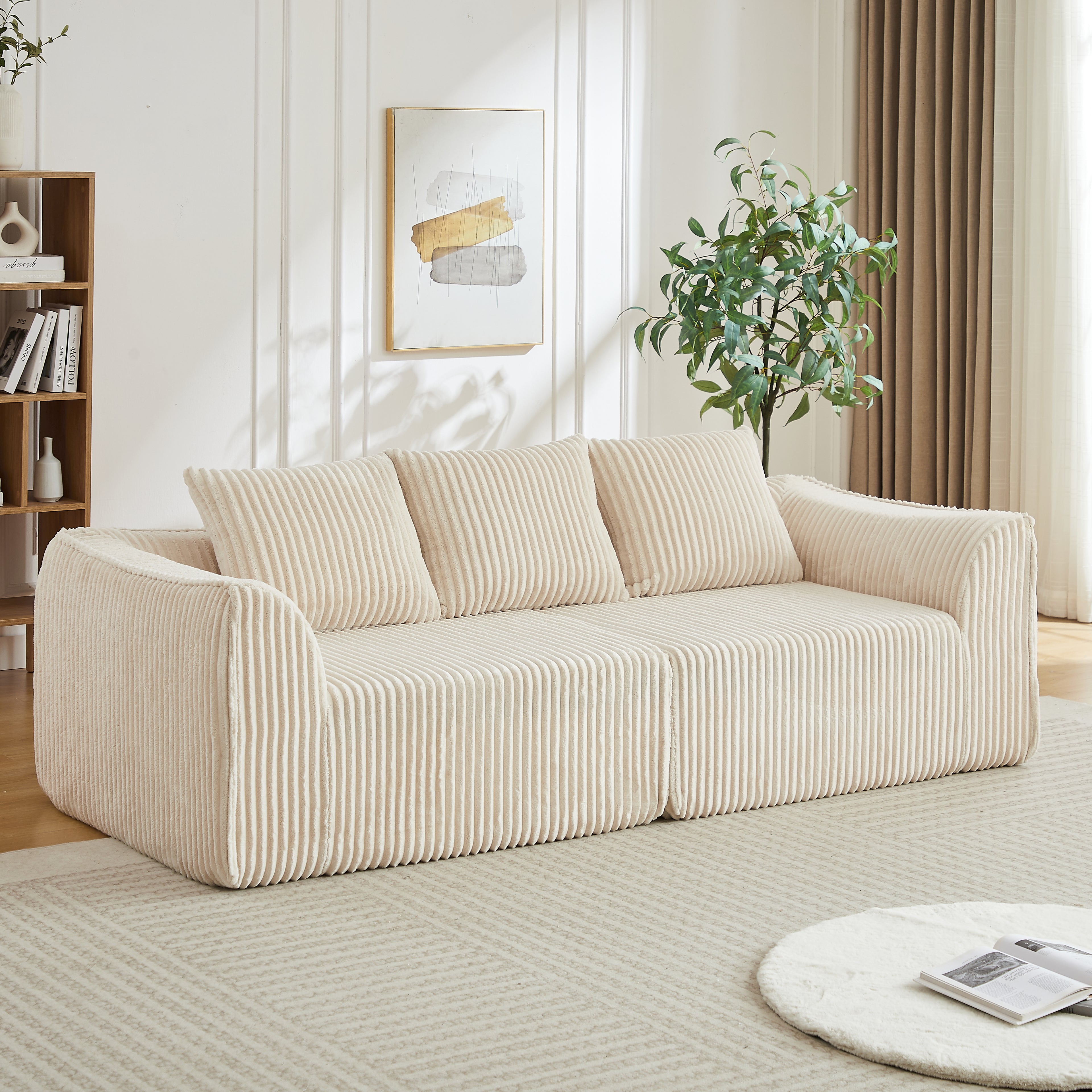 Minimalist 3-Seater Corduroy Sofa Featuring Curved Lines