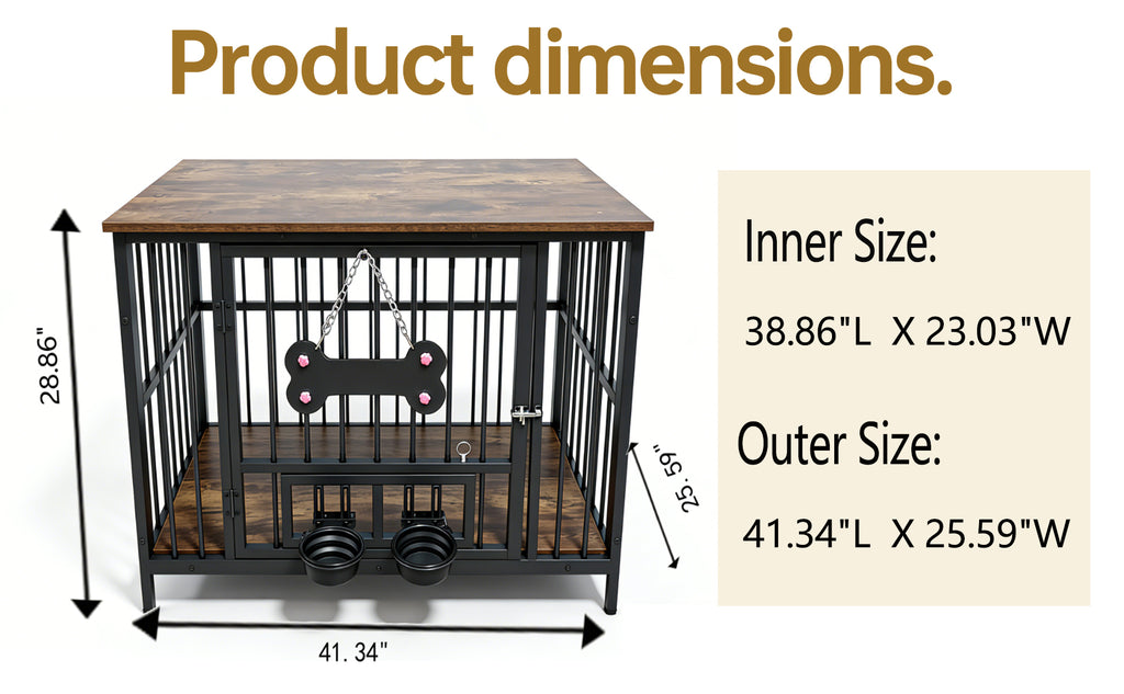 Vintage Wood Grain Dog Cage with 360 Degree Rotating Bowl